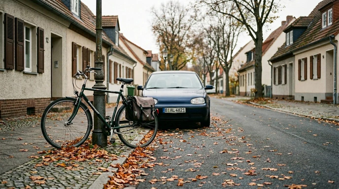 Fahrrad und Auto auf einer ruhigen Wohnstraße im Herbst, Symbolbild für die Pendlerpauschale 2026