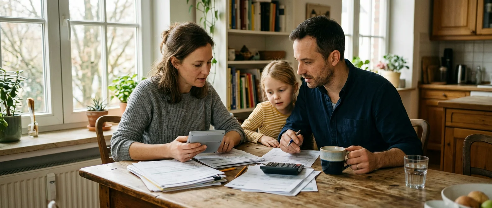 Familie sitzt am Küchentisch und prüft gemeinsam Unterlagen zu den Steueränderungen 2026